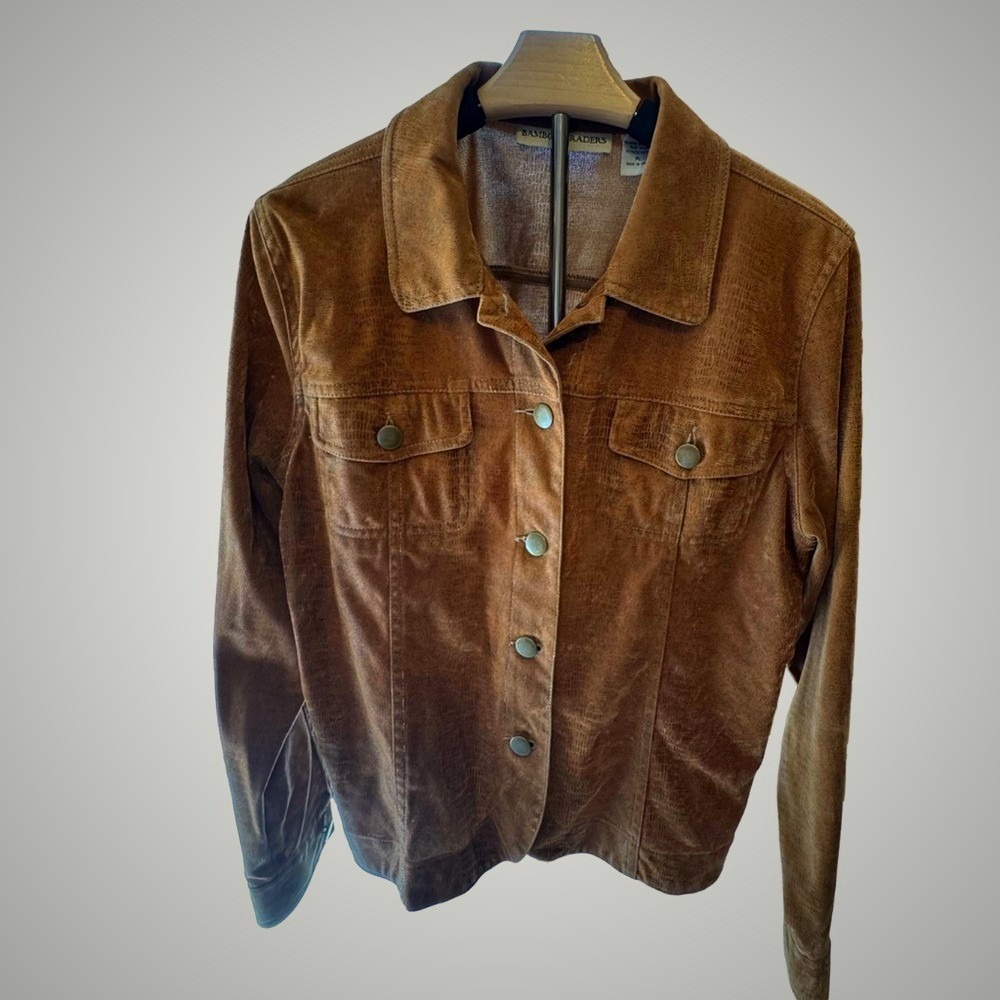Bamboo Traders Brown Faux Suede Snakeskin Embossed Button Front Jacket PL